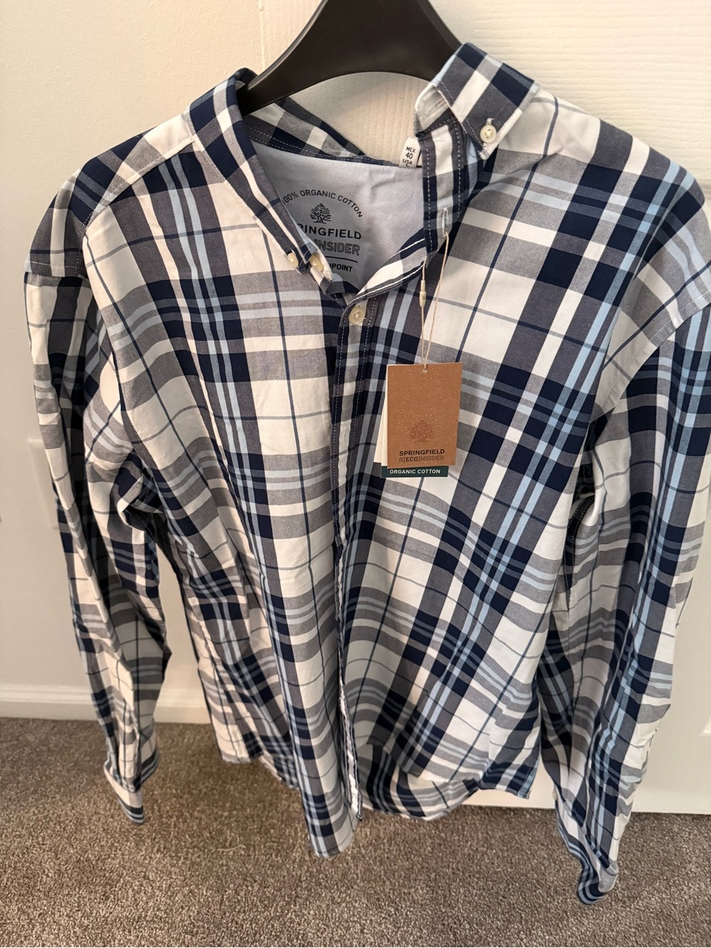 Men's Navy and White Plaid Button-Down Shirt